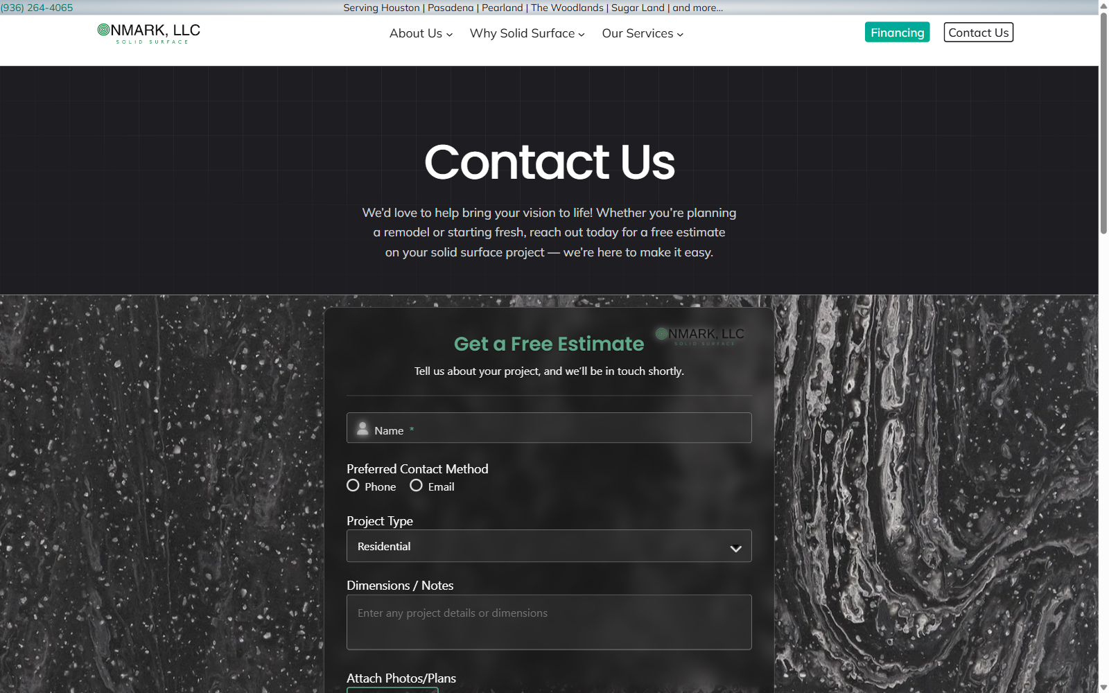 OnMark contact form with project type routing, file uploads, and financing CTA