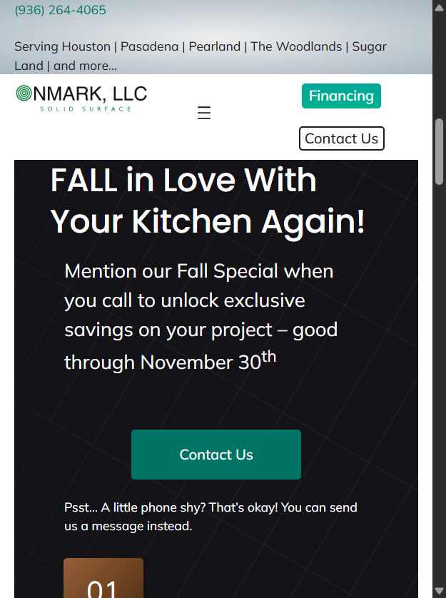 OnMark mobile Fall Special with countdown timer, CTA button, and responsive navigation