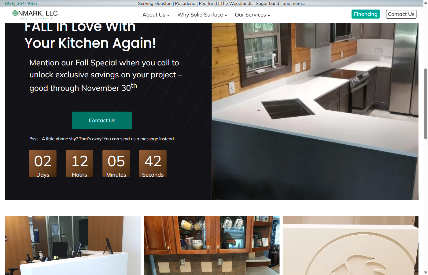 OnMark homepage with Fall countdown promo, financing CTA, and project gallery