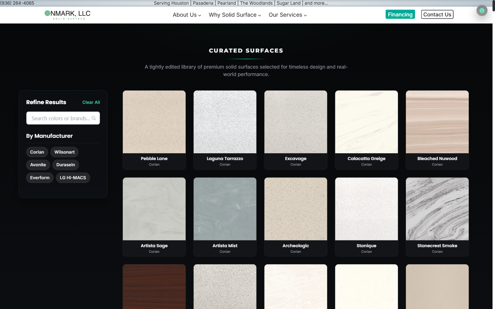 OnMark 508-swatch searchable gallery with manufacturer filter pills and zoomable modals