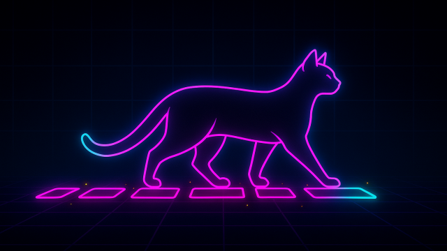 Featured image: neon cat walking across glowing tiles
