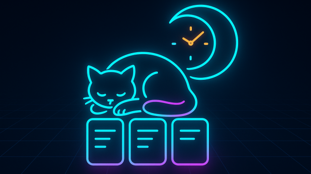 Featured image: neon cat sleeping on Kanban cards with moon clock