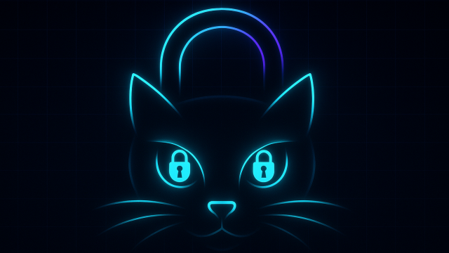 Featured image: neon cat face with lock pupils