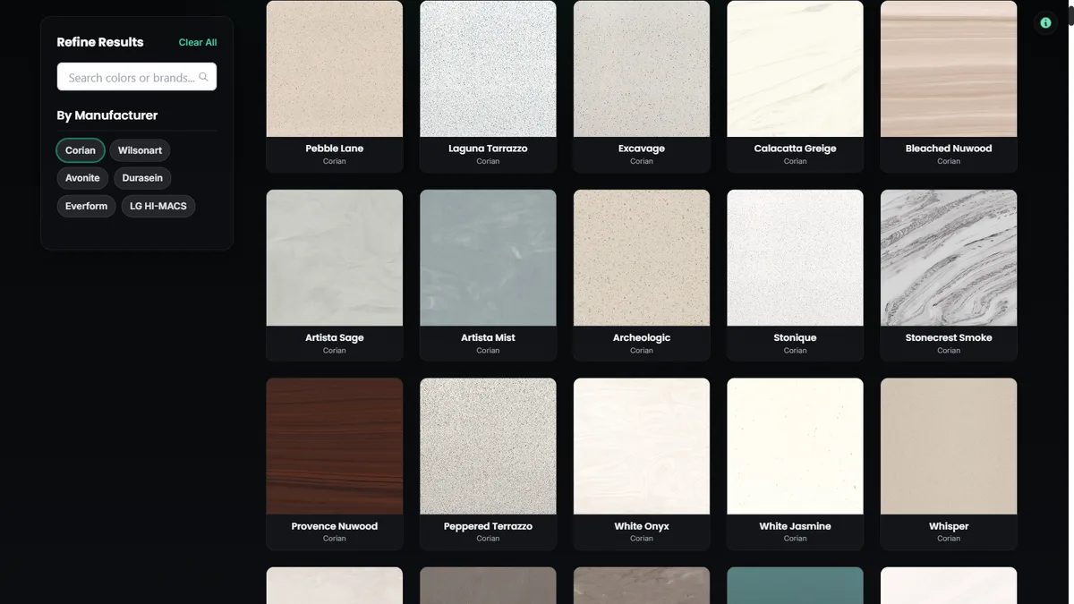 508-swatch searchable color gallery with manufacturer filters and modal zoom