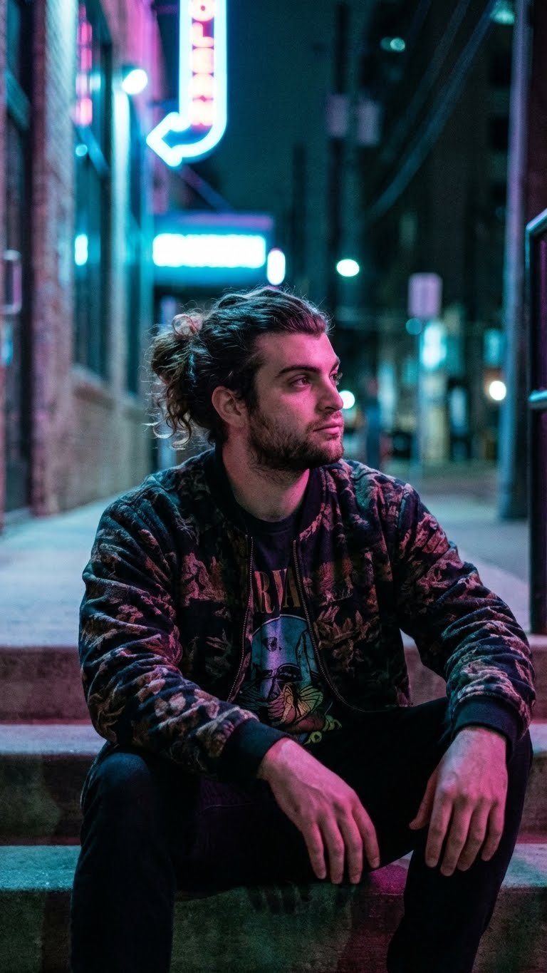 Fred McCullough, founder of McCullough Digital, seated on steps in neon streetlight