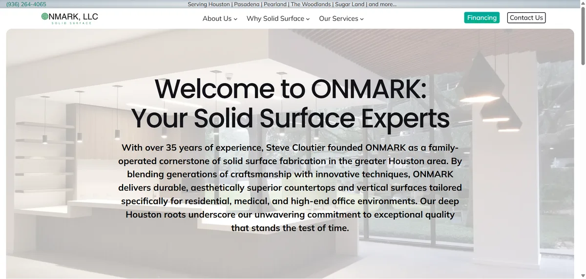 Countdown promo, financing CTA, and proof stacked on the OnMarkLLC.com homepage