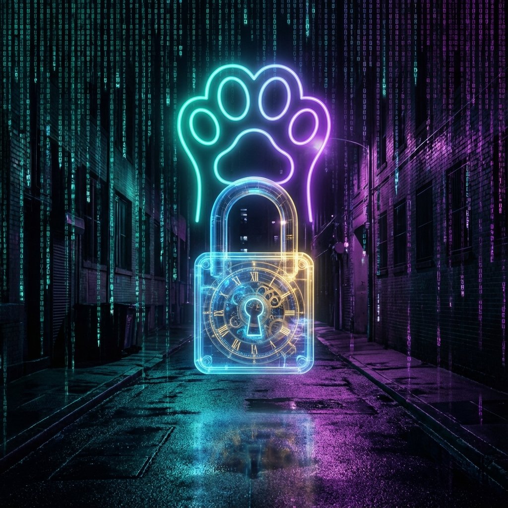 Neon cat paw protecting a digital padlock
