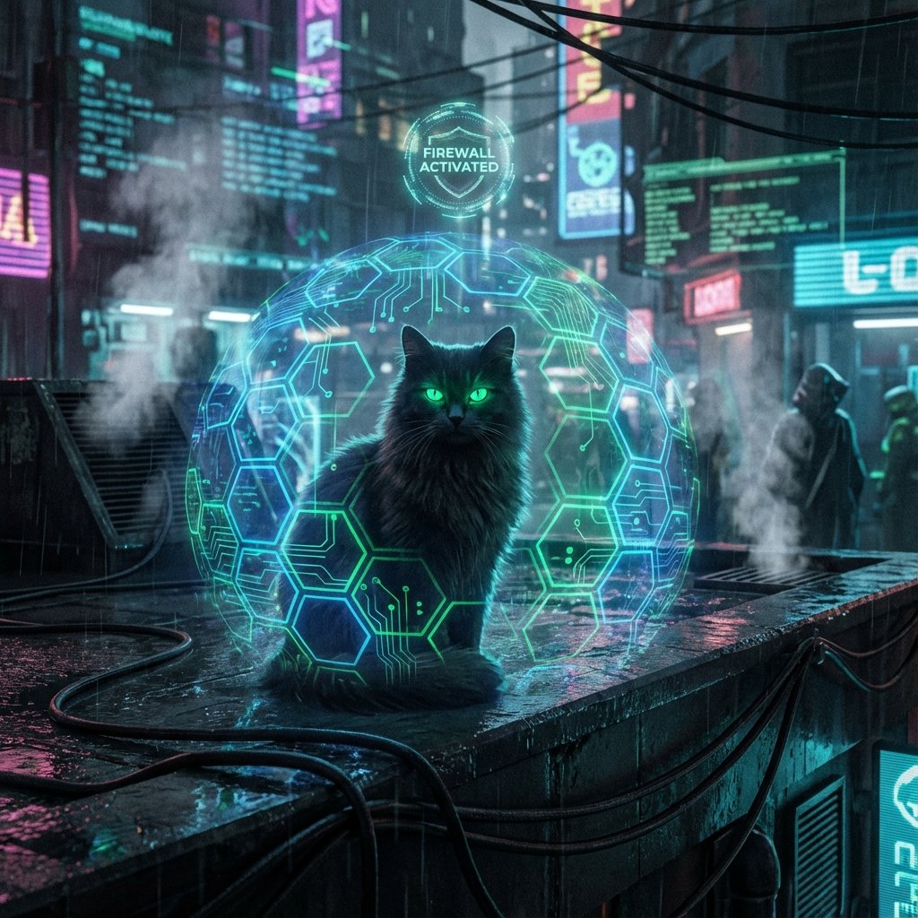 Cat with glowing green eyes surrounded by digital firewall shield