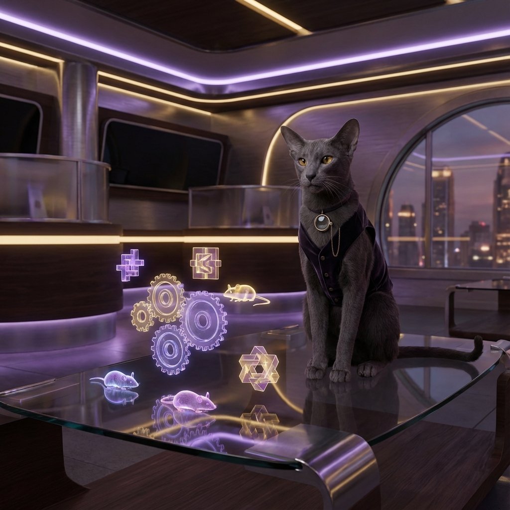 Wise cat at glass table with holographic data toys