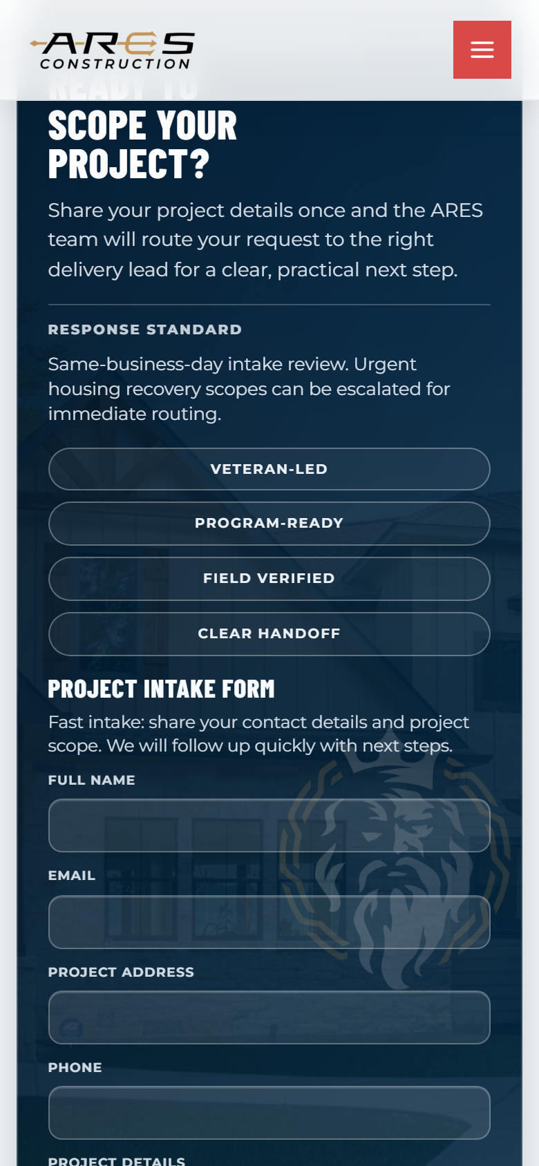 ARES mobile contact form UI element
